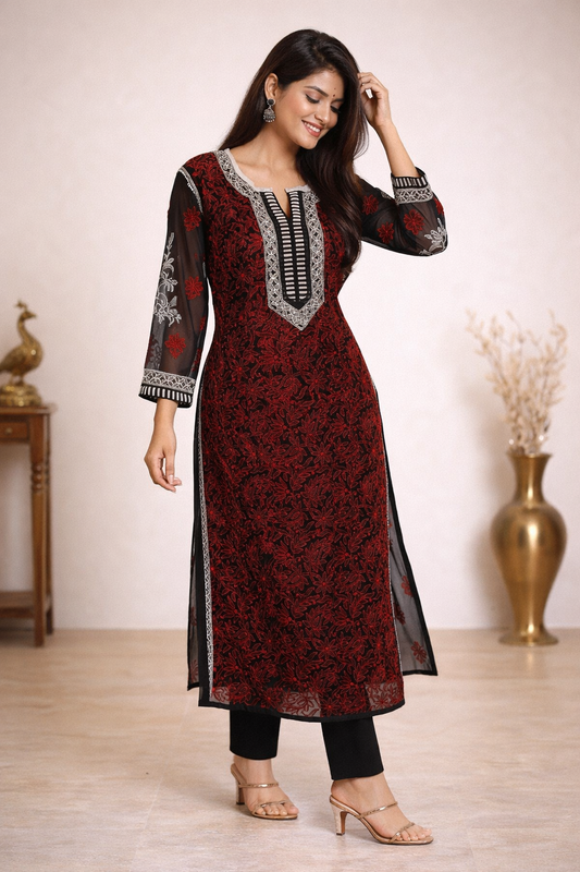 Lucknow Fashion Diary Hand Embroidered Lucknowi Chikankari Women's Black Georgette Kurti
