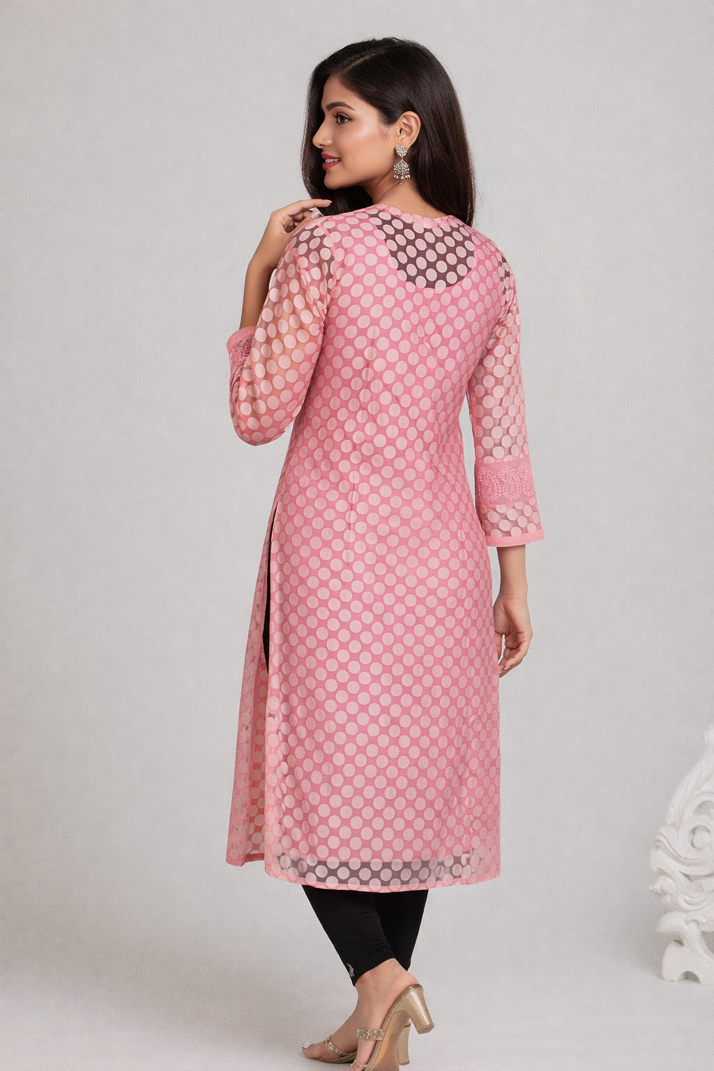 Lucknowi Chikankari Coral Pink 'Shagufta' Georgette Kurti-K40041