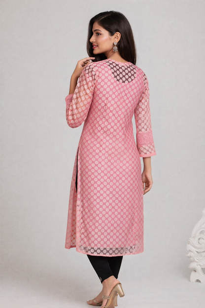 Lucknowi Chikankari Coral Pink 'Shagufta' Georgette Kurti-K40041