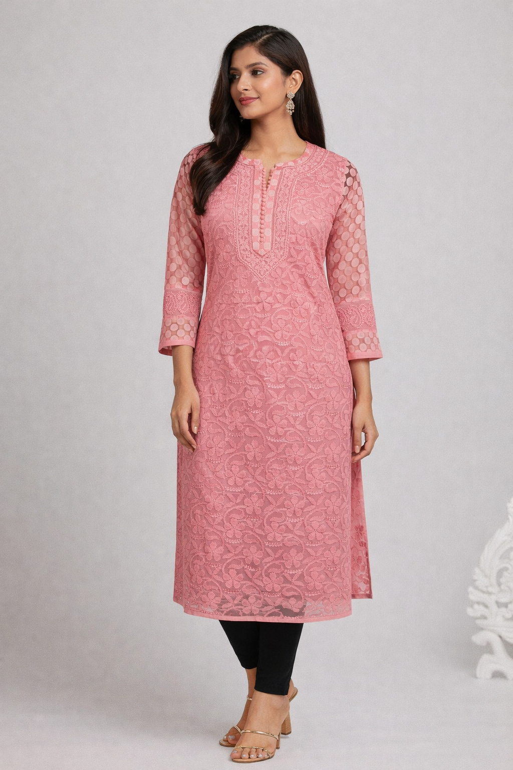 Lucknowi Chikankari Coral Pink 'Shagufta' Georgette Kurti-K40041