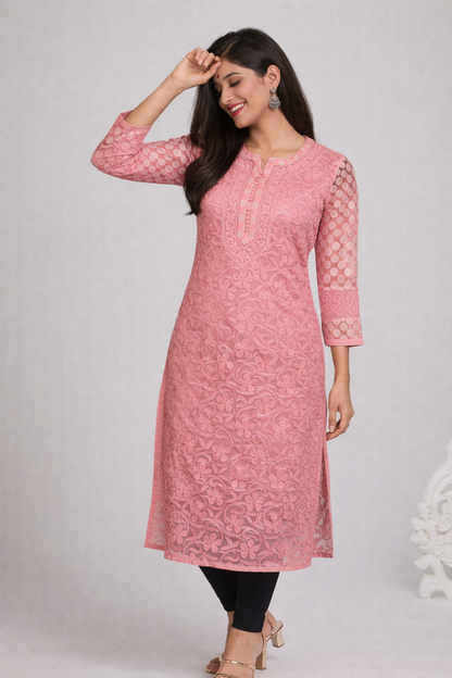 Lucknowi Chikankari Coral Pink 'Shagufta' Georgette Kurti-K40041