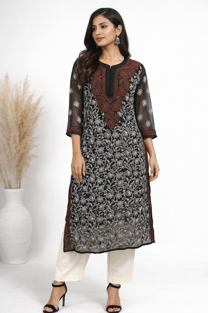 Lucknowi Chikankari Black 'Siah' Georgette Kurti-K40042