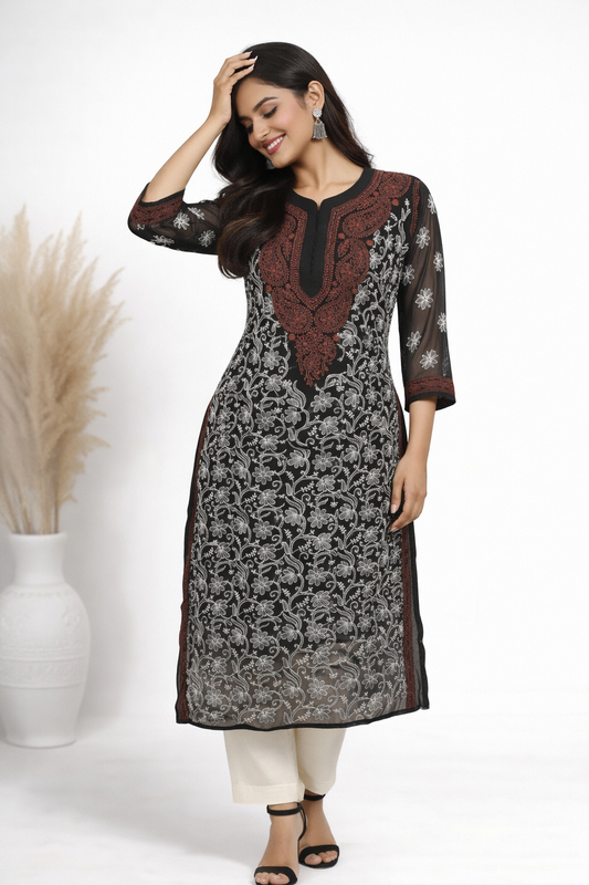Lucknowi Chikankari Black 'Siah' Georgette Kurti-K40042