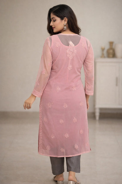 Lucknowi Chikankari Women's Peach 'Aarooi' Georgette Kurta