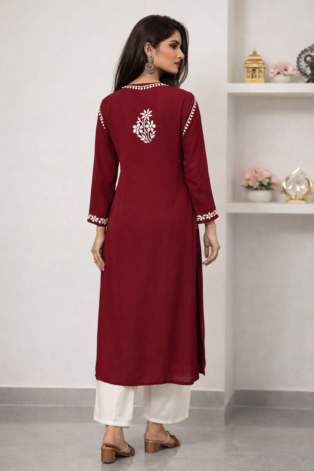 Lucknowi Chikankari Maroon 'Surkh' Modal Kurti-K40022