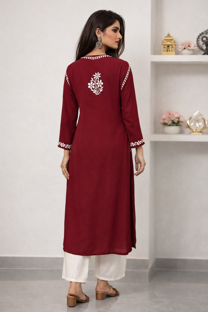 Lucknowi Chikankari Maroon 'Surkh' Modal Kurti-K40022
