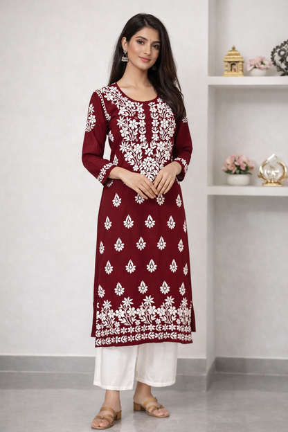Lucknowi Chikankari Maroon 'Surkh' Modal Kurti-K40022