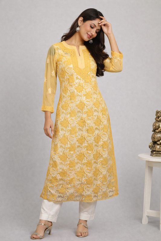 Lucknowi Chikankari Fawn 'Karimi' Georgette Kurti-K40026