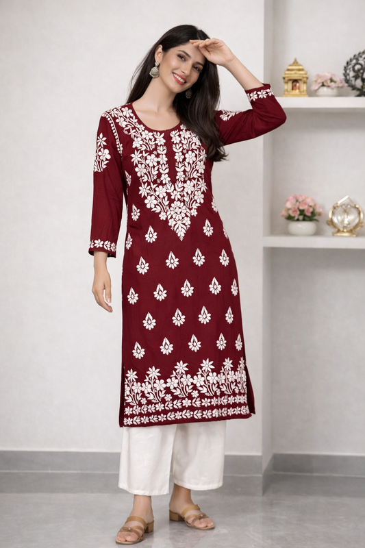 Lucknowi Chikankari Maroon 'Surkh' Modal Kurti-K40022