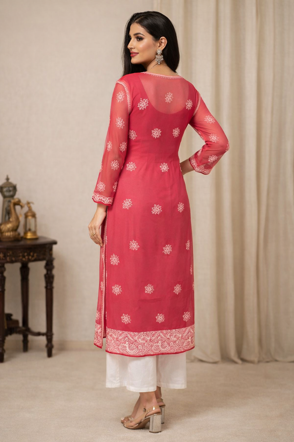 Lucknowi Chikankari Red 'Surkh' Georgette Kurti-K40027