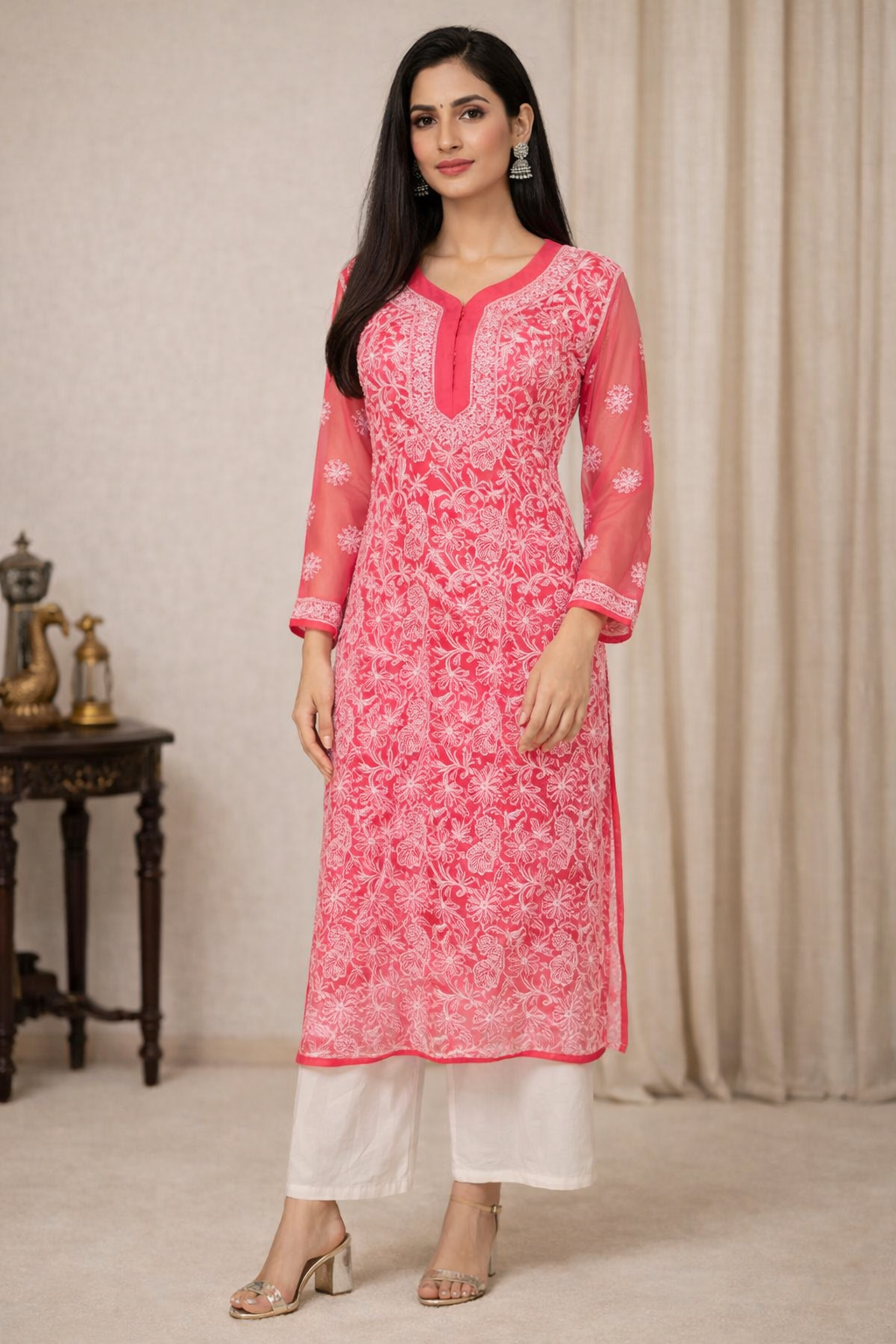 Lucknowi Chikankari Red 'Surkh' Georgette Kurti-K40027