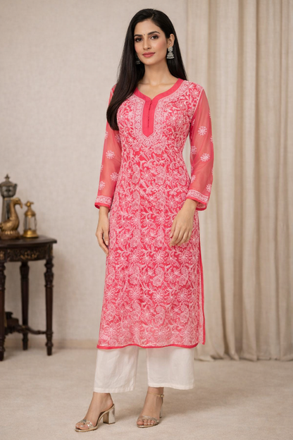 Lucknowi Chikankari Red 'Surkh' Georgette Kurti-K40027