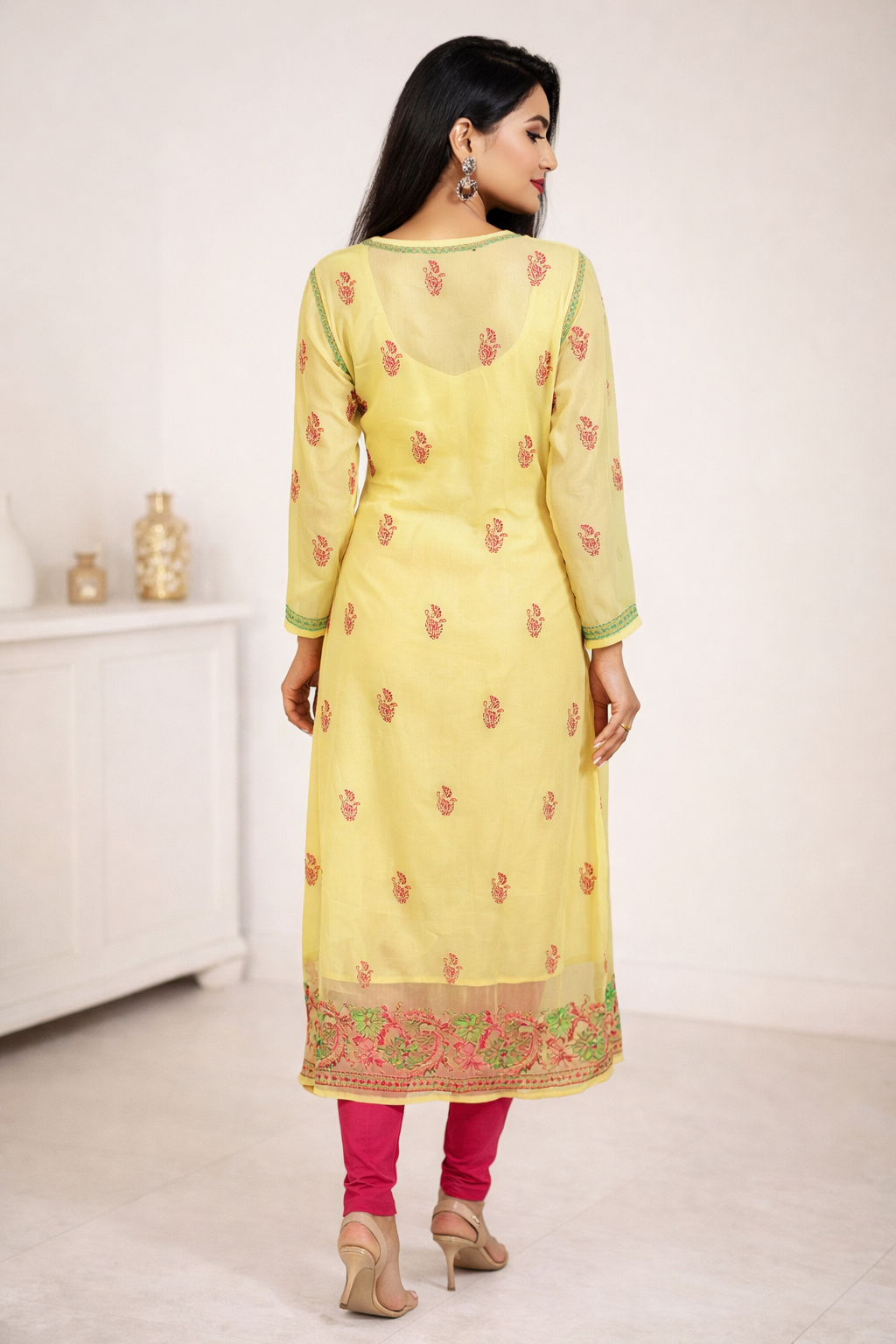 Lucknowi Chikankari Yellow 'Sunehri' Georgette Kurti-K80028