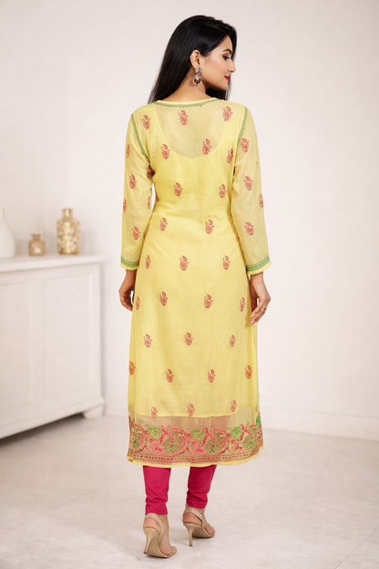 Lucknowi Chikankari Yellow 'Sunehri' Georgette Kurti-K80028