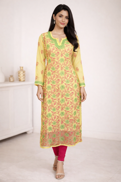 Lucknowi Chikankari Yellow 'Sunehri' Georgette Kurti-K80028