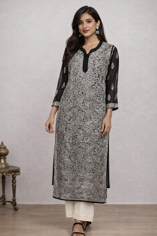 Lucknowi Chikankari Black 'Siah' Georgette Kurti-K40051