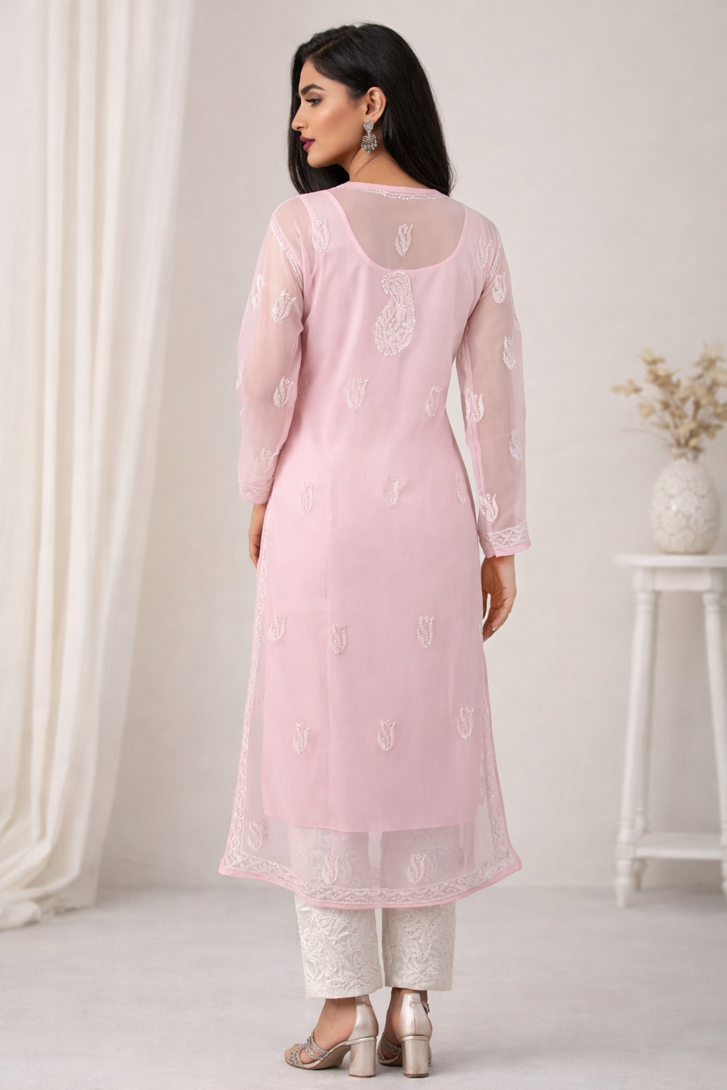 Lucknowi Chikankari Pink 'Shagufta' Georgette Kurti-K40052