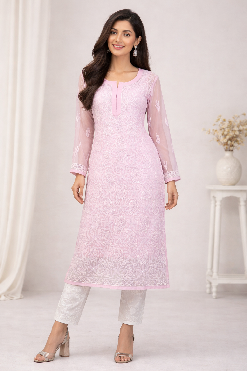Lucknowi Chikankari Pink 'Shagufta' Georgette Kurti-K40052