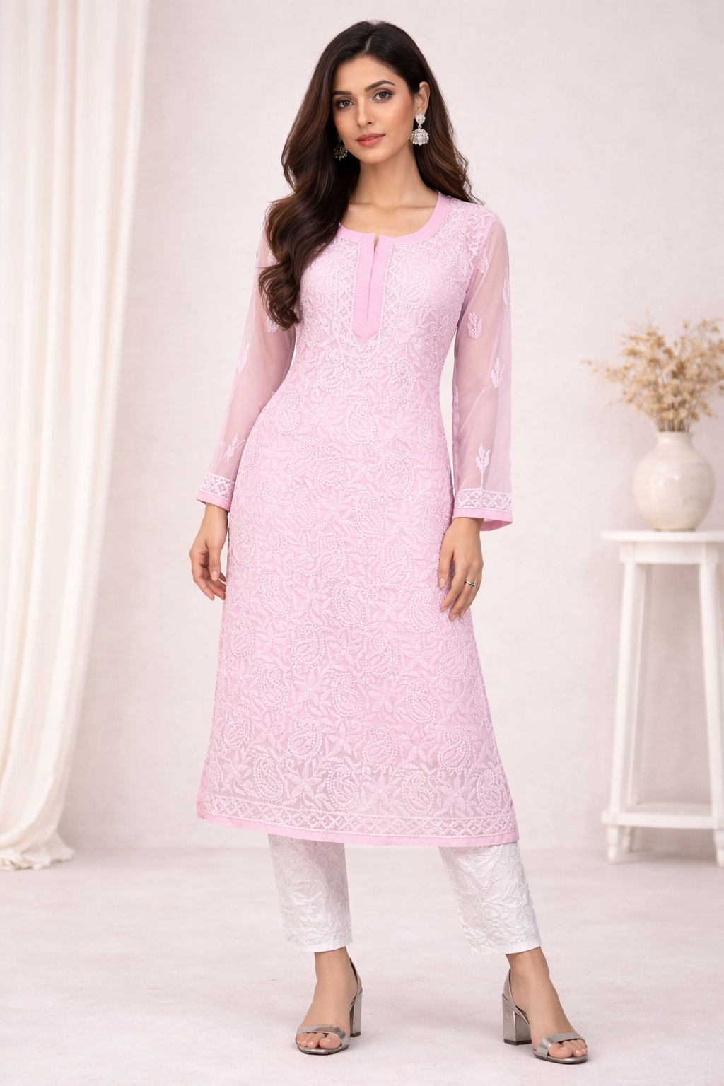 Lucknowi Chikankari Pink 'Shagufta' Georgette Kurti-K40052