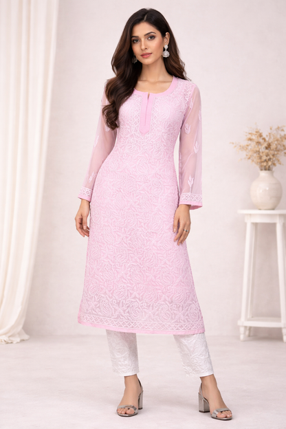 Lucknowi Chikankari Pink 'Shagufta' Georgette Kurti-K40052