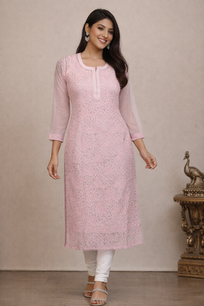 Lucknow Fashion Diary Hand Embroidered Lucknowi Chikankari Women's  Pink Georgette Kurti