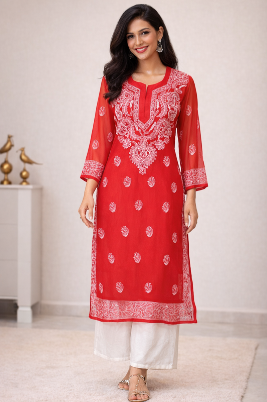 Lucknowi Chikankari Red 'Surkh' Georgette Kurti-K40057