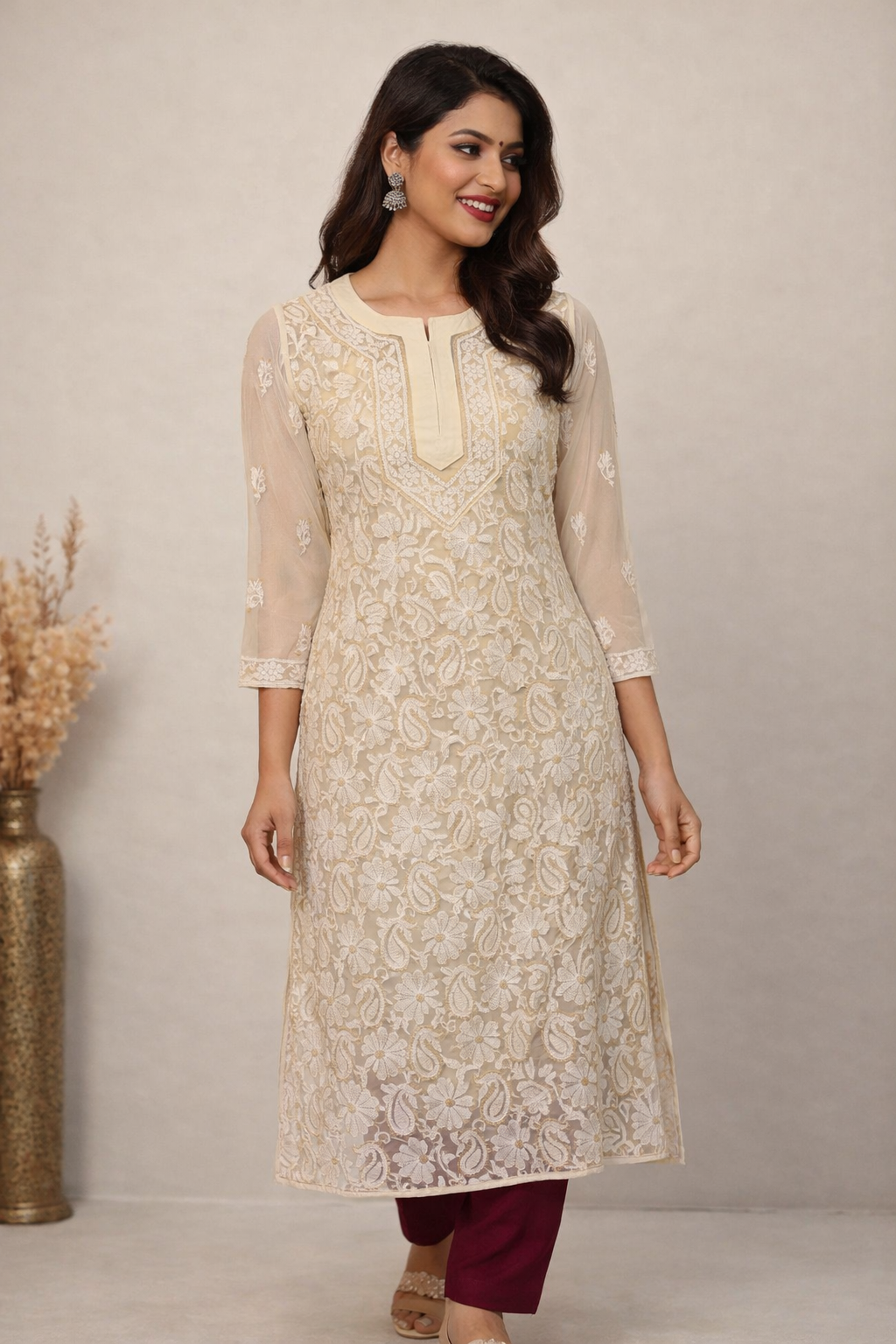 Lucknow Fashion Diary Lucknowi Chikankari Fawn Cream Coffee Georgette Kurti For Women
