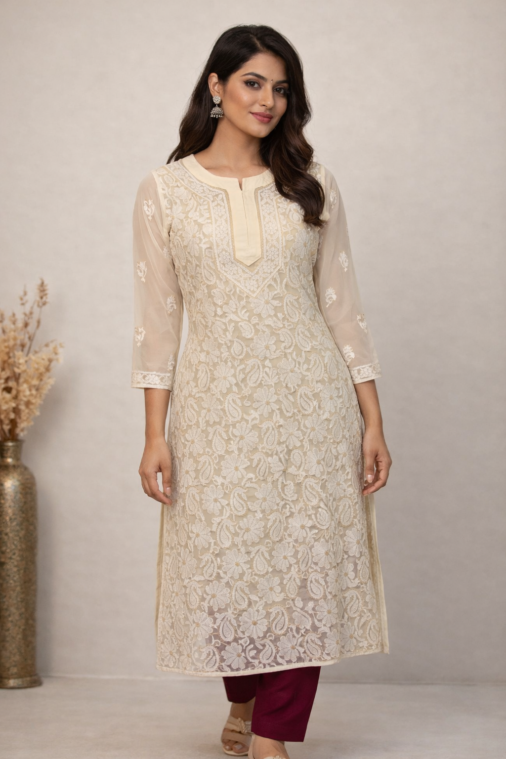 Woman wearing a beige embroidered kurta with maroon pants against a neutral background