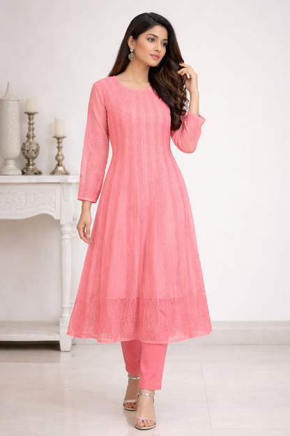 Lucknowi Chikankari Coral Pink 'Shagufta' Georgette Anarkali-K40066