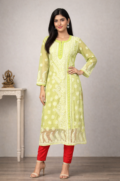 Lucknow Fashion Diary Lucknowi Chikankari Green Georgette A-Kurti For Women
