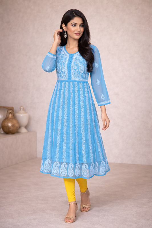 Lucknow Fashion Diary Lucknowi Chikankari Blue Georgette Anarkali Kurti For Women 