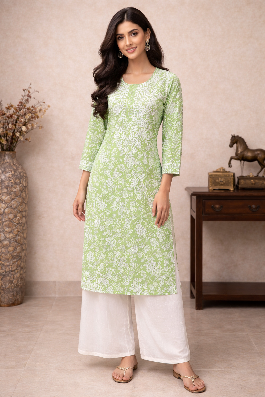 Woman wearing a light green kurta with white floral patterns and white palazzo pants, standing against a beige wall.