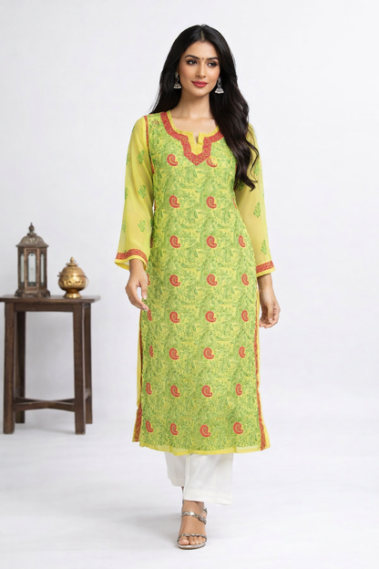 Lucknowi Chikankari Yellow 'Sunehri' Georgette Kurti-K30020