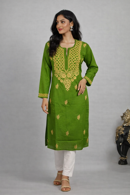 lucknow fashion dairy lucknowi chikankari green cotton kurti for women