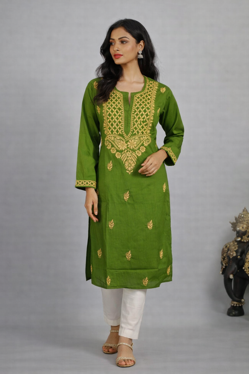 Lucknowi Chikankari Green 'Bahar' Cotton Kurti -K30002