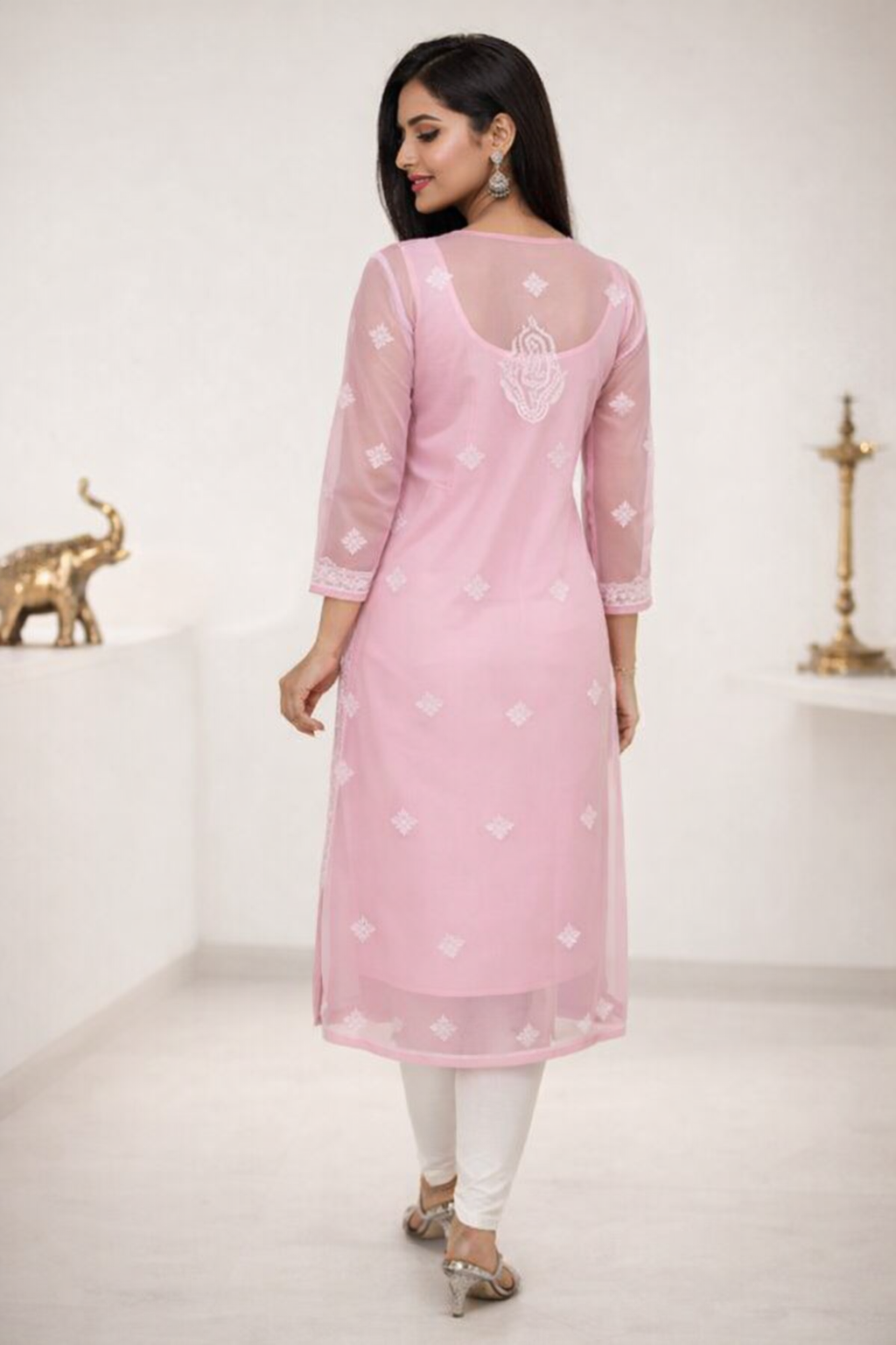 Lucknowi Chikankari Pink 'Shagufta' Georgette Kurti-K30018