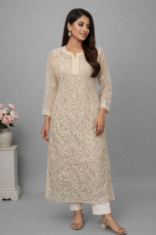 Lucknowi Chikankari Fawn 'Karimi' Georgette Kurti-K30056