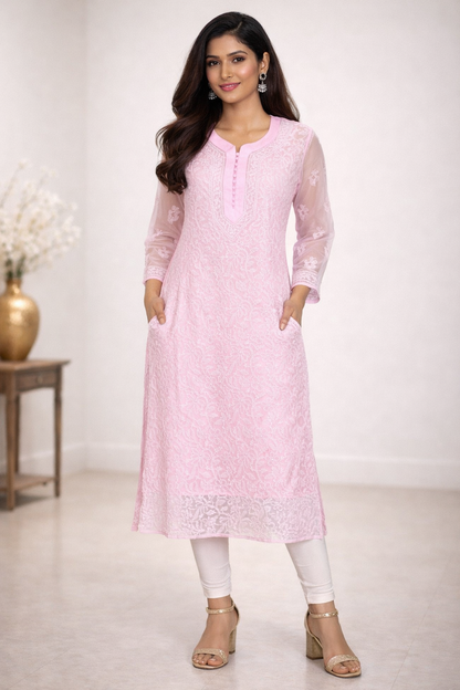 Lucknowi Chikankari Pink 'Shagufta' Georgette Kurti-K30059