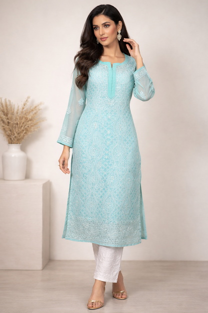 Lucknowi Chikankari Green 'Bahar' Georgette Kurti-K30054