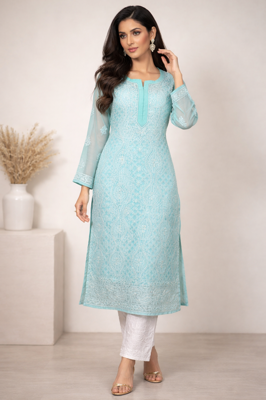 Lucknowi Chikankari Green 'Bahar' Georgette Kurti-K30054