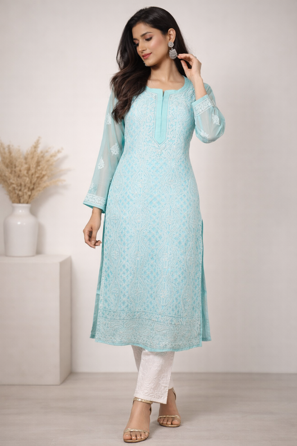 Lucknowi Chikankari Green 'Bahar' Georgette Kurti-K30054