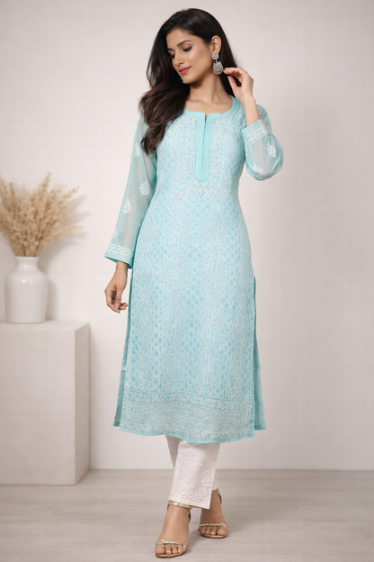 Lucknowi Chikankari Green 'Bahar' Georgette Kurti-K30054