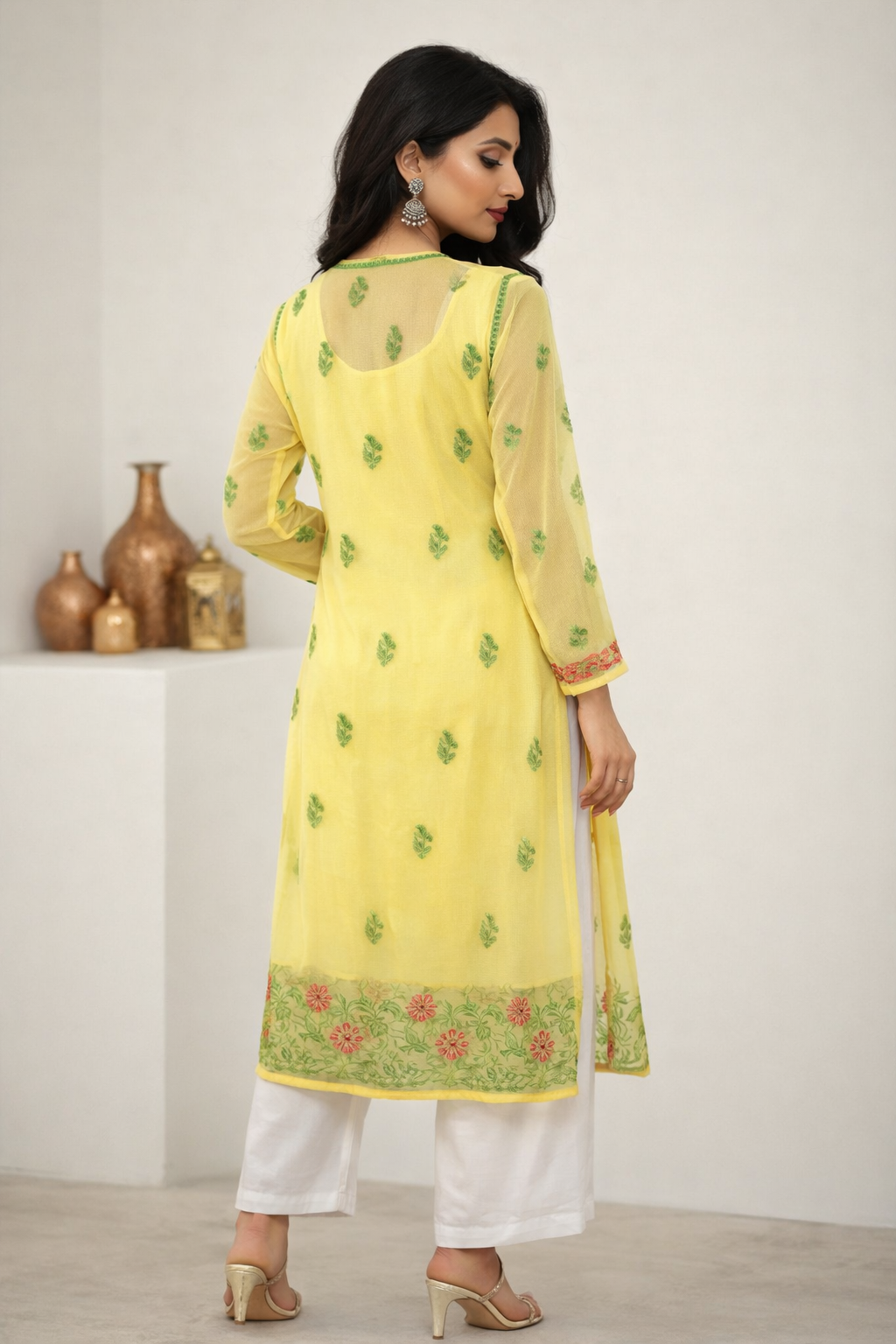 Lucknowi Chikankari Yellow 'Sunehri' Georgette Kurti-K30020