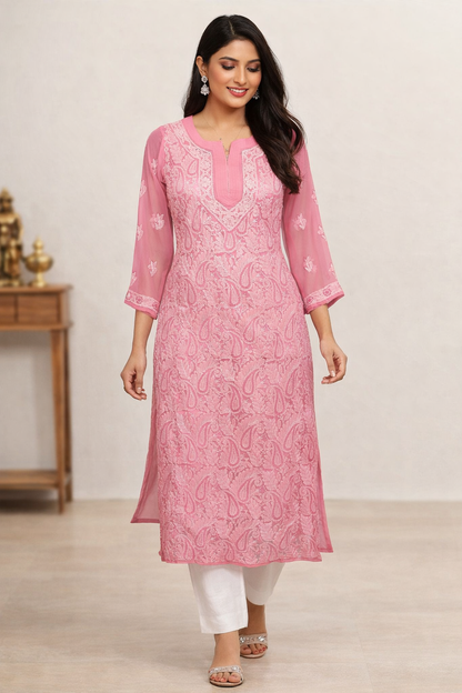 Lucknowi Chikankari Pink 'Shagufta' Georgette Kurti-K30060