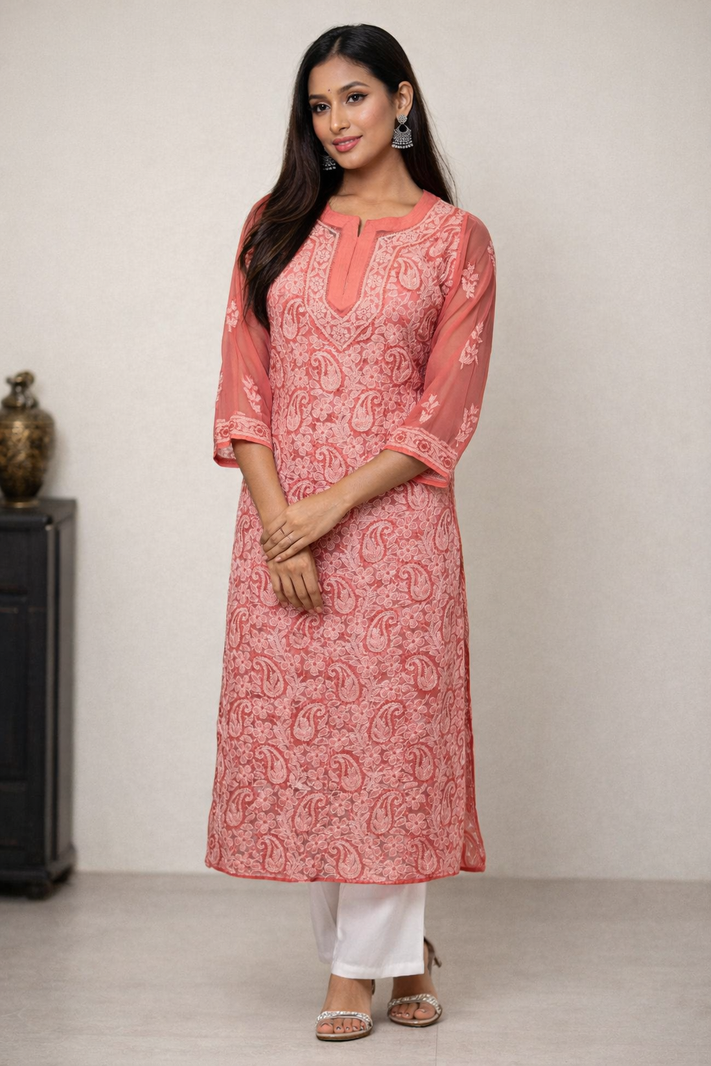 Lucknowi Chikankari Coral Pink 'Shagufta' Georgette Kurti-K30023