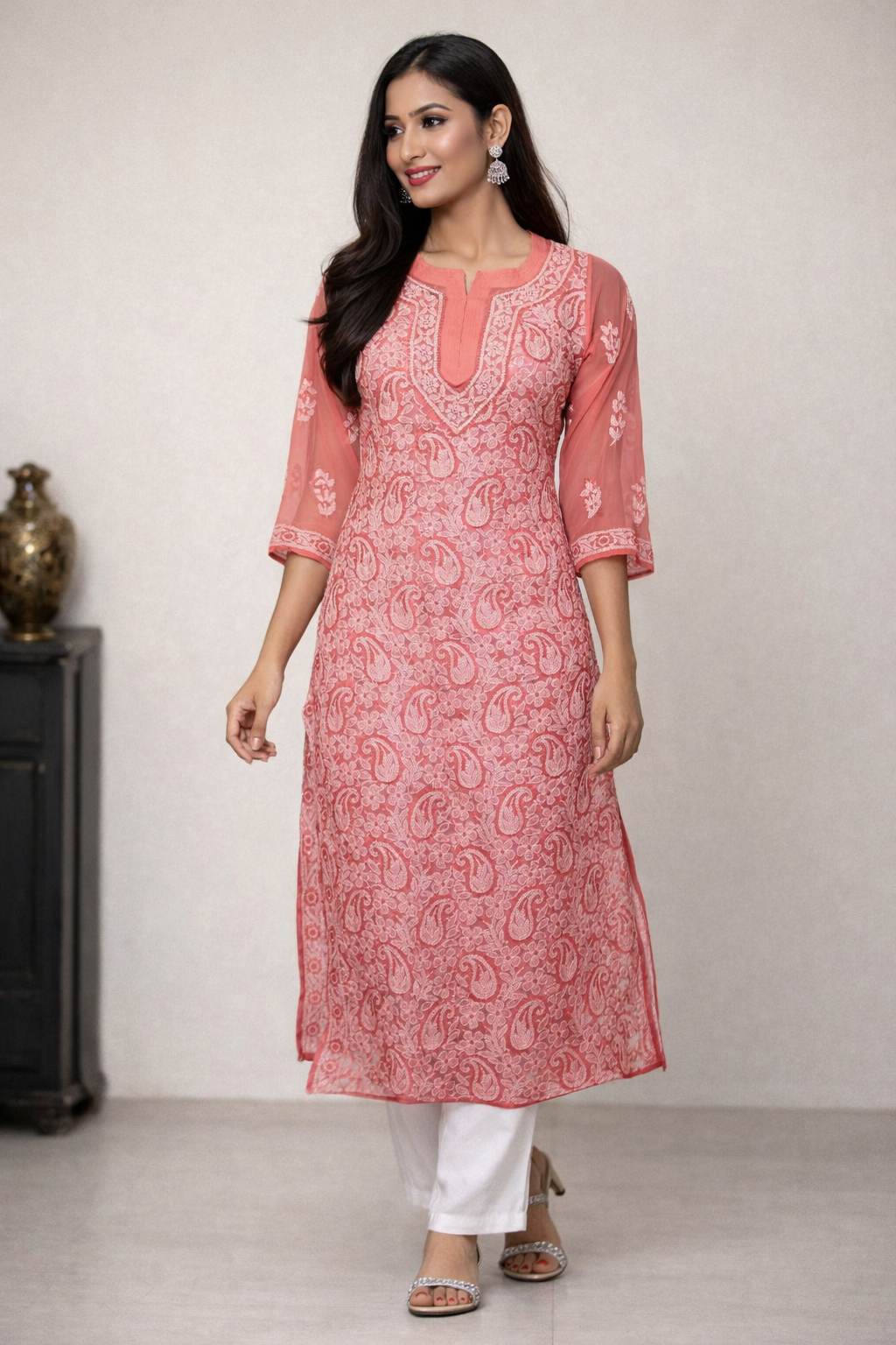 Lucknowi Chikankari Coral Pink 'Shagufta' Georgette Kurti-K30023