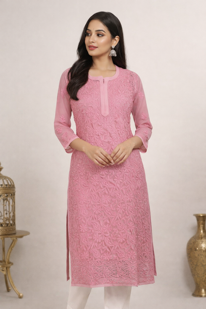 Lucknowi Chikankari Pink 'Shagufta' Georgette Kurti-K30055