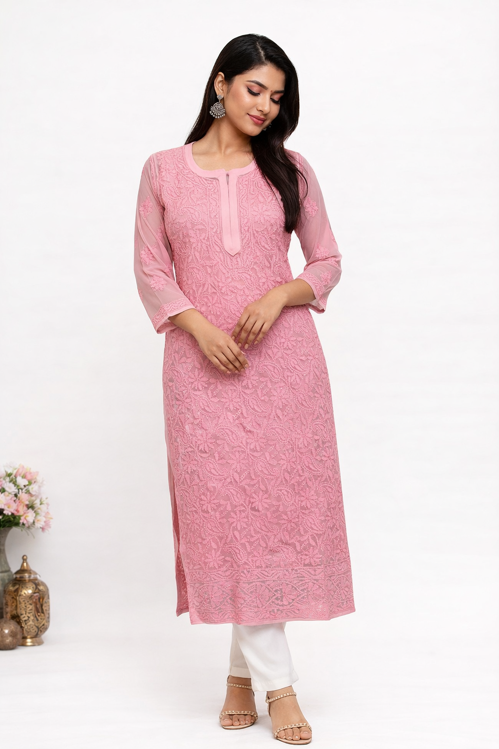 Lucknowi Chikankari Pink 'Shagufta' Georgette Kurti-K30055