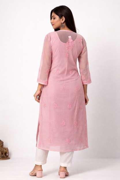 Lucknowi Chikankari Pink 'Shagufta' Georgette Kurti-K30055