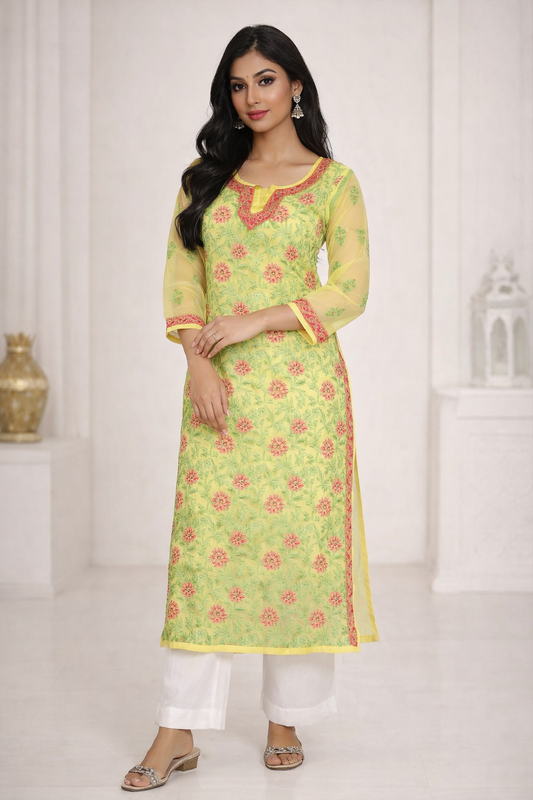 Lucknowi Chikankari Yellow 'Sunehri' Georgette Kurti-K30022